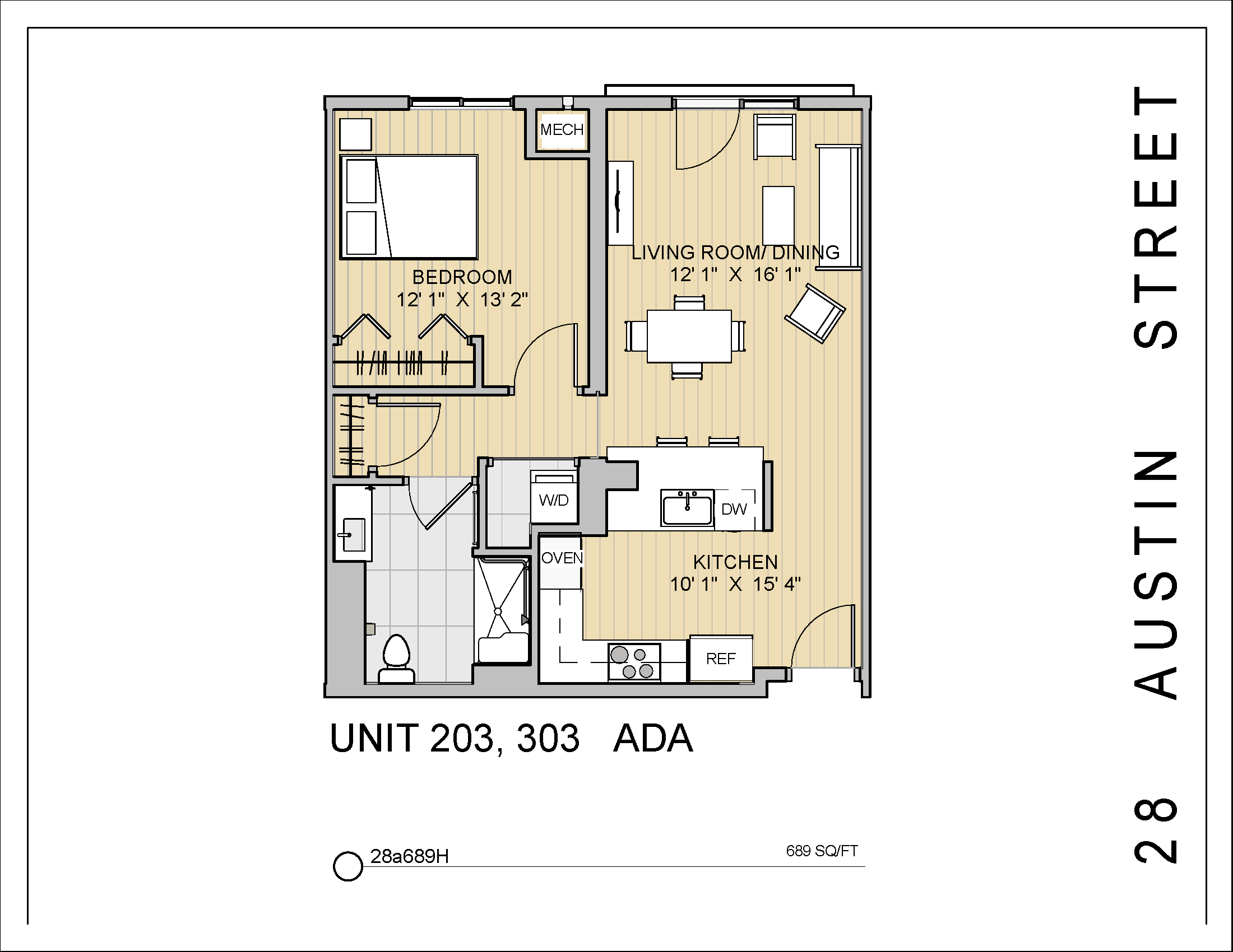 Floor plan for 1 bed, 1 bath, 689 sqft